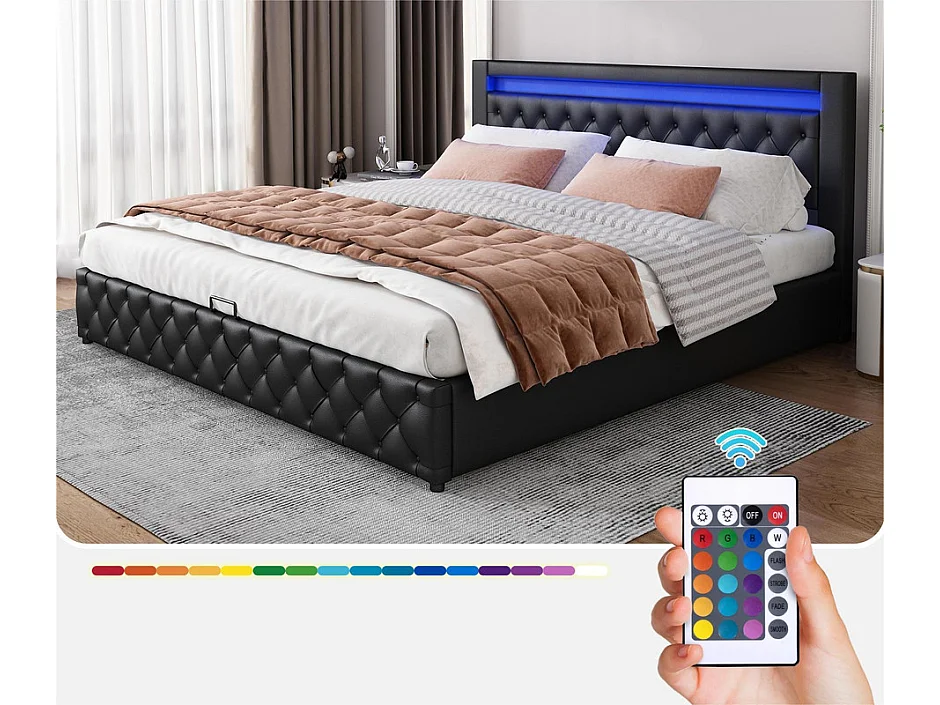 Lit Coffre 160x200 Cm Avec LED Et Charge Sans Fil – Rembourré Simili Cuir Noir, Sommier Lattes, Rangement Hydraulique