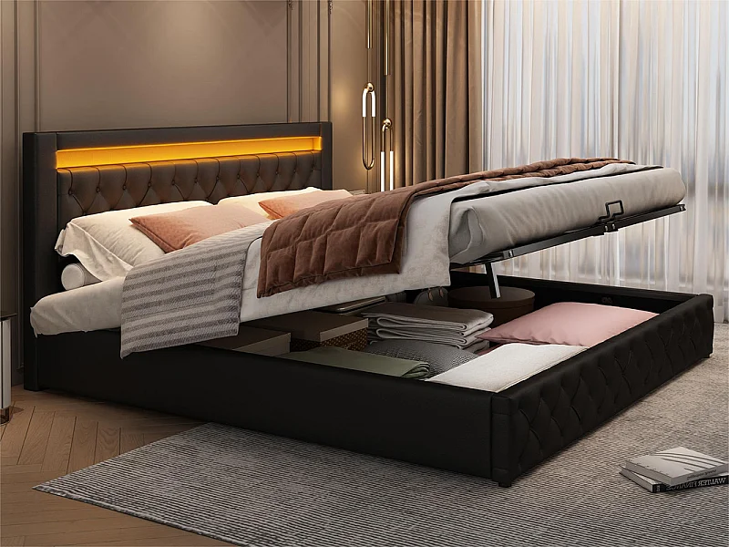 Letto contenitore imbottito in ecopelle con LED - 160x200 cm - con rete a doghe - Nero