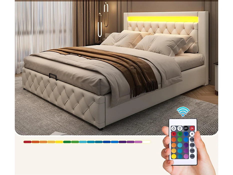 Lit coffre rembourré en similicuir avec LED - 160x200cm - avecsommier à lattes - Blanc