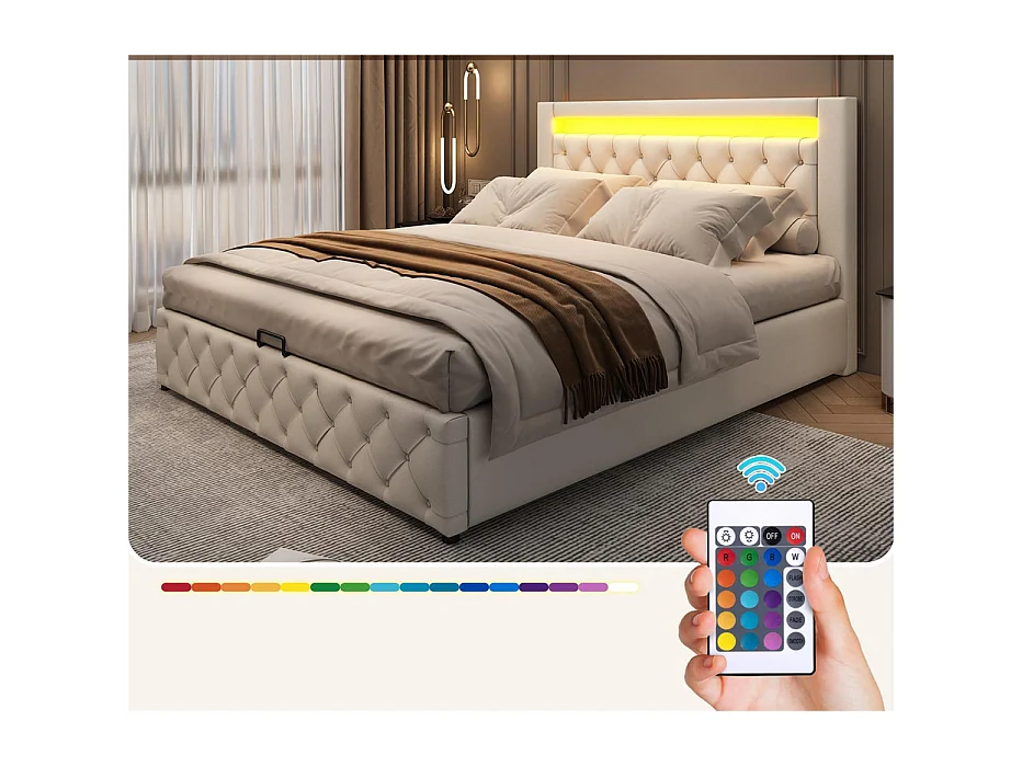 Gestoffeerd kunstleer opbergbed met LED - 160x200cm - met lattenbodem - Wit
