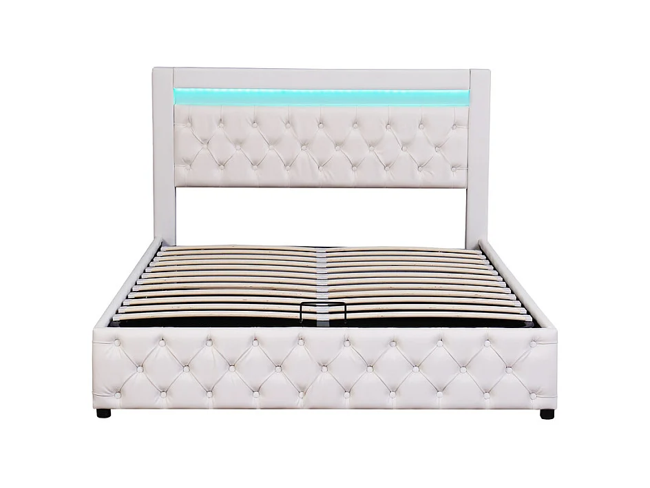 Gestoffeerd kunstleer opbergbed met LED - 160x200cm - met lattenbodem - Wit