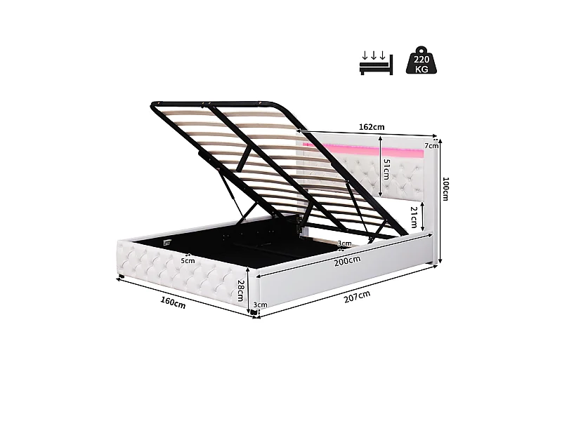 Gestoffeerd kunstleer opbergbed met LED - 160x200cm - met lattenbodem - Wit