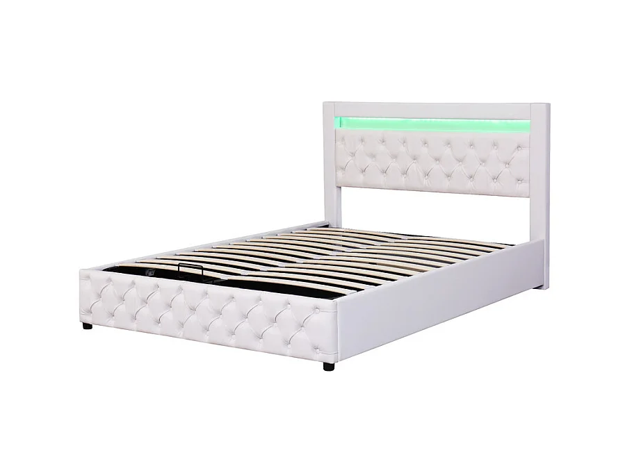 Gestoffeerd kunstleer opbergbed met LED - 160x200cm - met lattenbodem - Wit