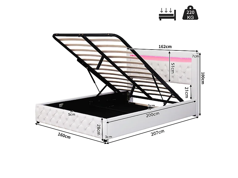 Gestoffeerd kunstleer opbergbed met LED - 160x200cm - met lattenbodem - Wit