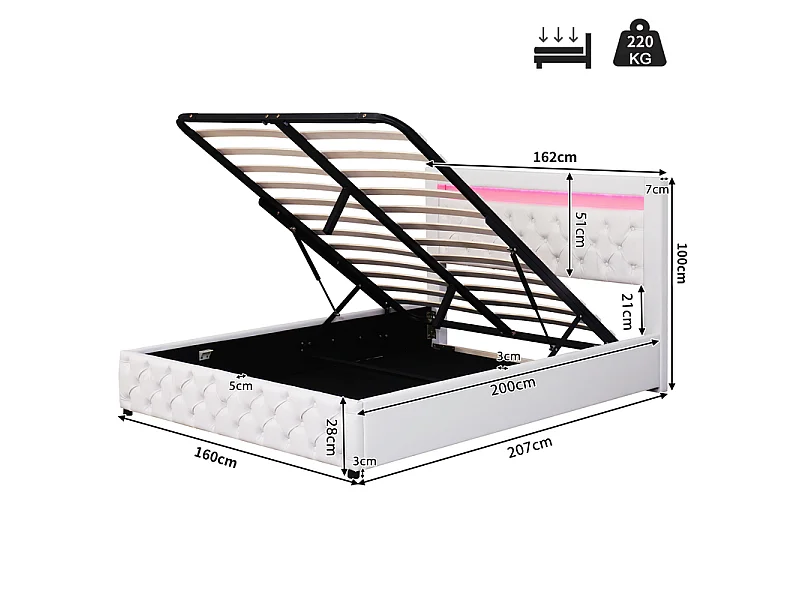 Lit coffre rembourré en similicuir avec LED - 160x200cm - avecsommier à lattes - Blanc