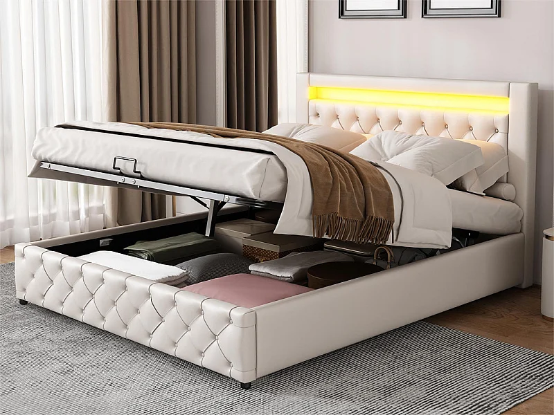 Letto contenitore imbottito in ecopelle con LED - 160x200 cm - con rete a doghe - Bianco