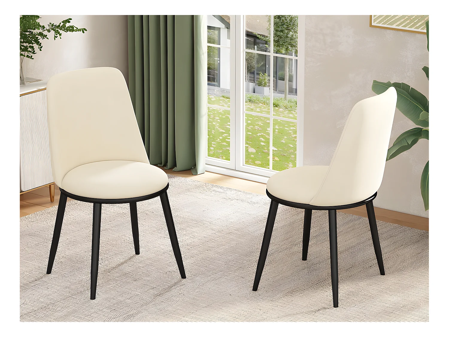 Lot de 2 Chaises rembourrées en velours avec dossier - structure en métal noir - Beige