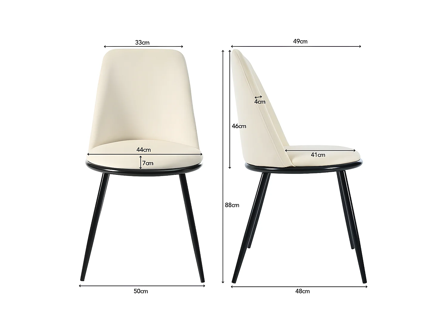 Lot de 2 Chaises rembourrées en velours avec dossier - structure en métal noir - Beige