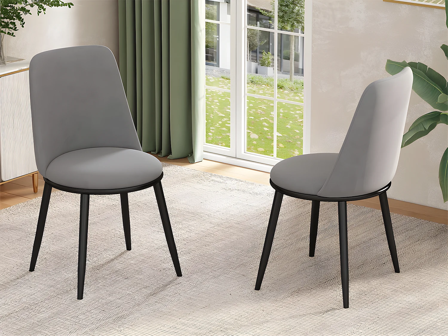 Lot de 2 Chaises rembourrées en velours avec dossier - structure en métal noir - Gris