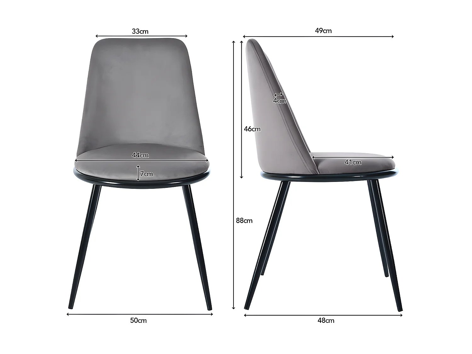 Lot de 2 Chaises rembourrées en velours avec dossier - structure en métal noir - Gris
