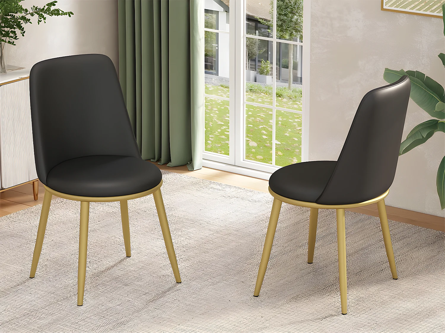 Lot de 2 Chaises rembourrées en velours avec dossier - structure en métal doré - Noir