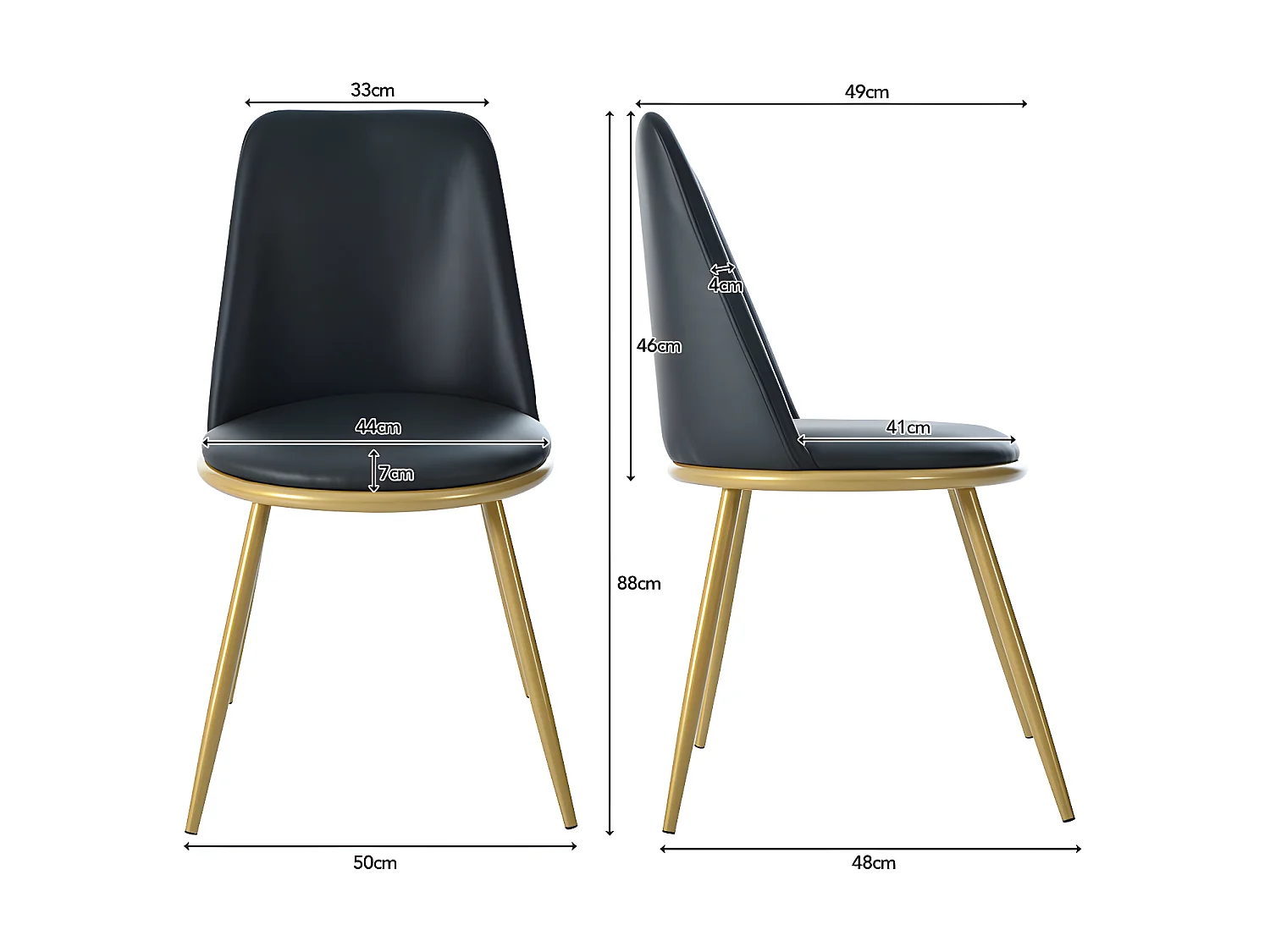 Lot de 2 Chaises rembourrées en velours avec dossier - structure en métal doré - Noir