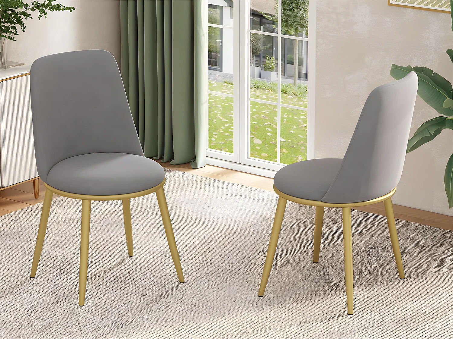 Set van 2 gestoffeerde fluwelen stoelen met rugleuning - goudkleurige metalen structuur - grijs