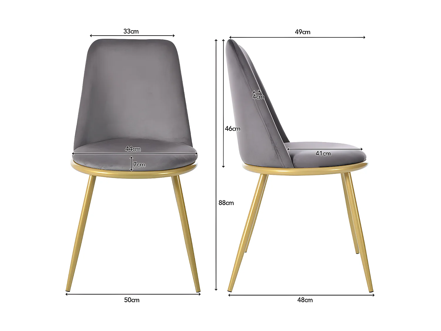 Set van 2 gestoffeerde fluwelen stoelen met rugleuning - goudkleurige metalen structuur - grijs