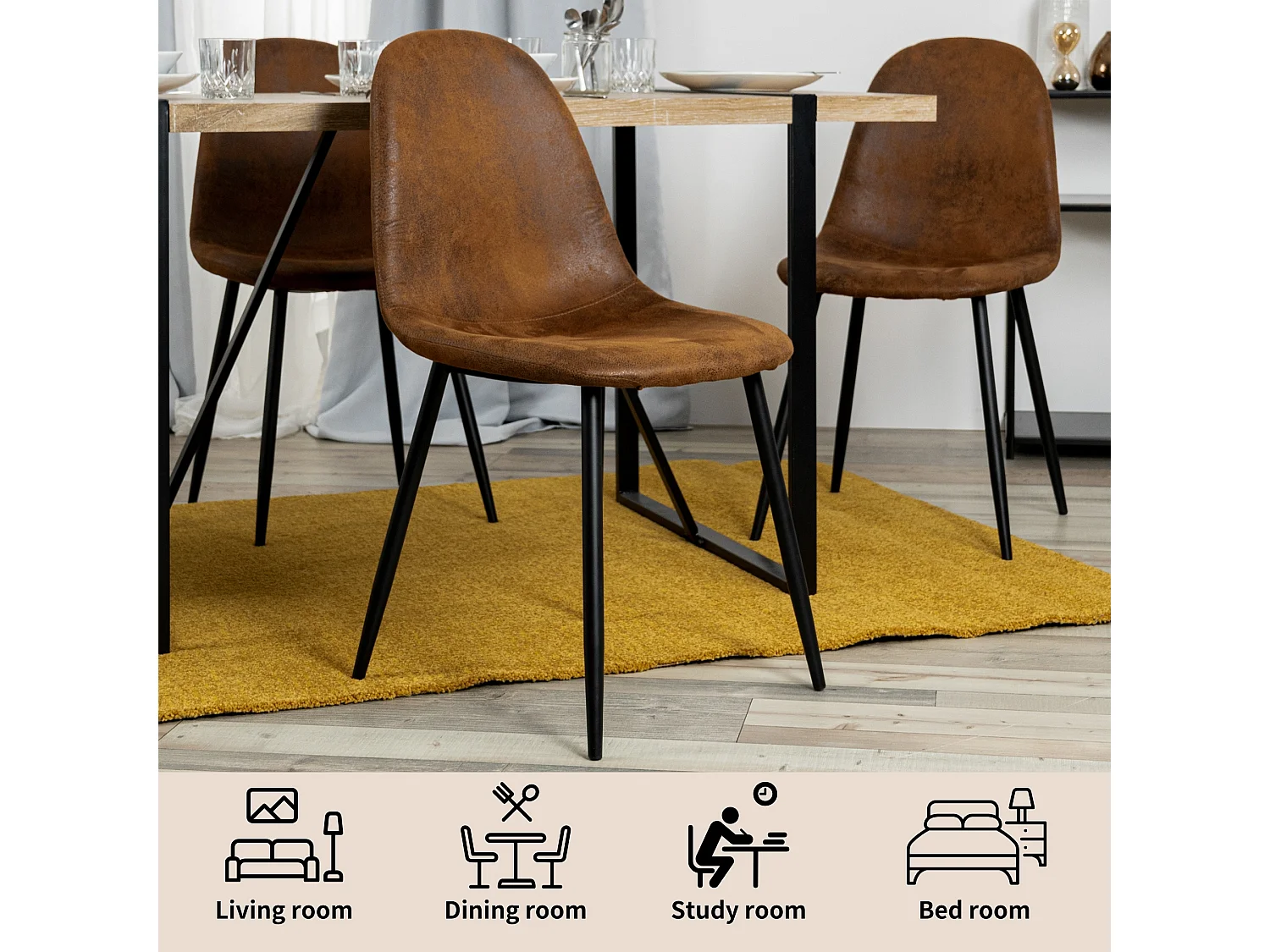 Lot de 4 chaises - Style vintage et design scandinave - En faux daim - Idéales pour cuisine - Marron