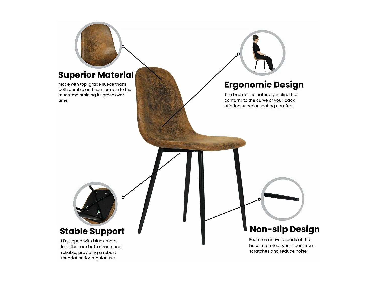 Lot de 4 chaises - Style vintage et design scandinave - En faux daim - Idéales pour cuisine - Marron