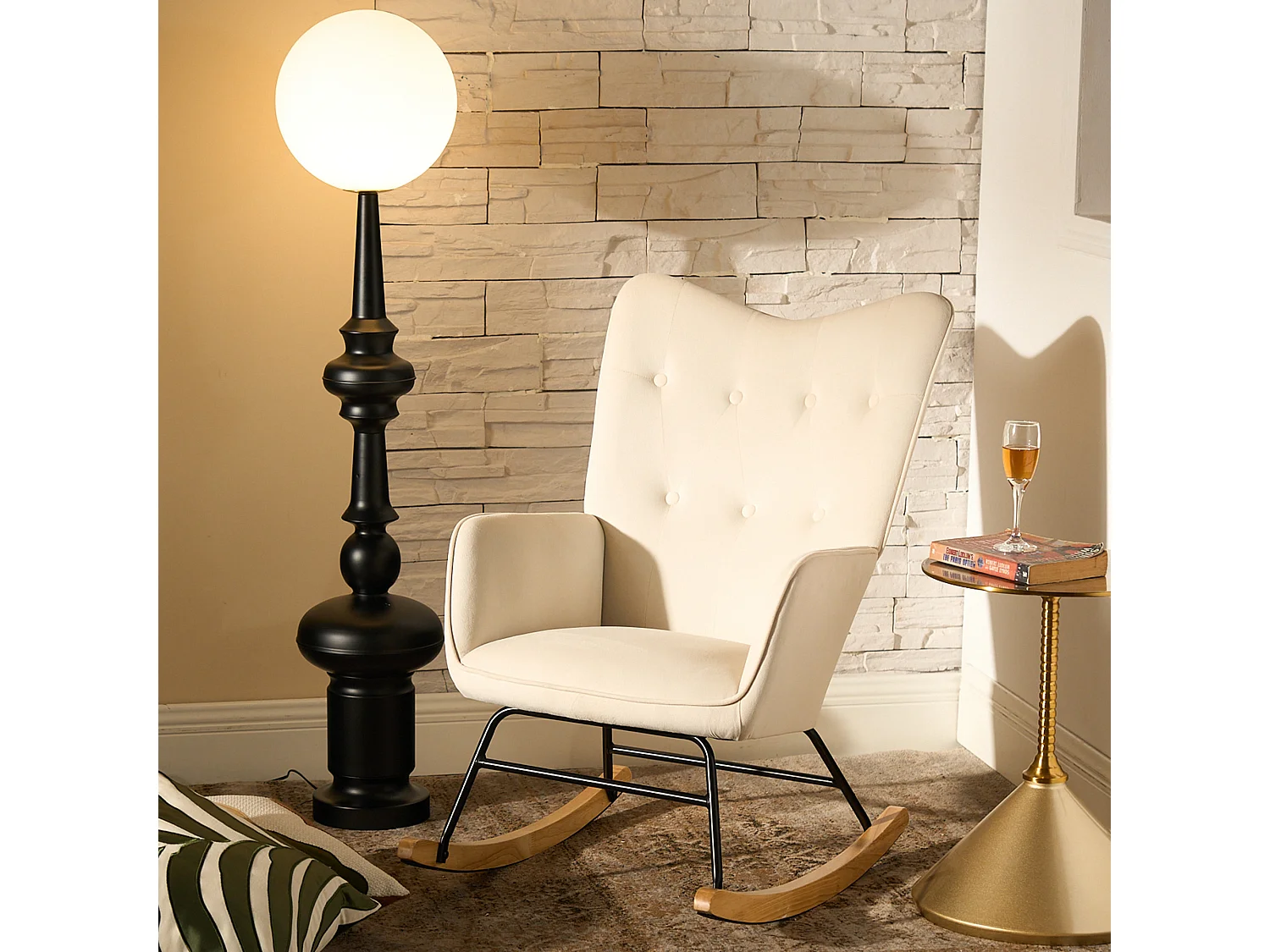 URBAN MEUBLE Fauteuil à bascule Scandinave velours beige Pieds en bois de hêtre