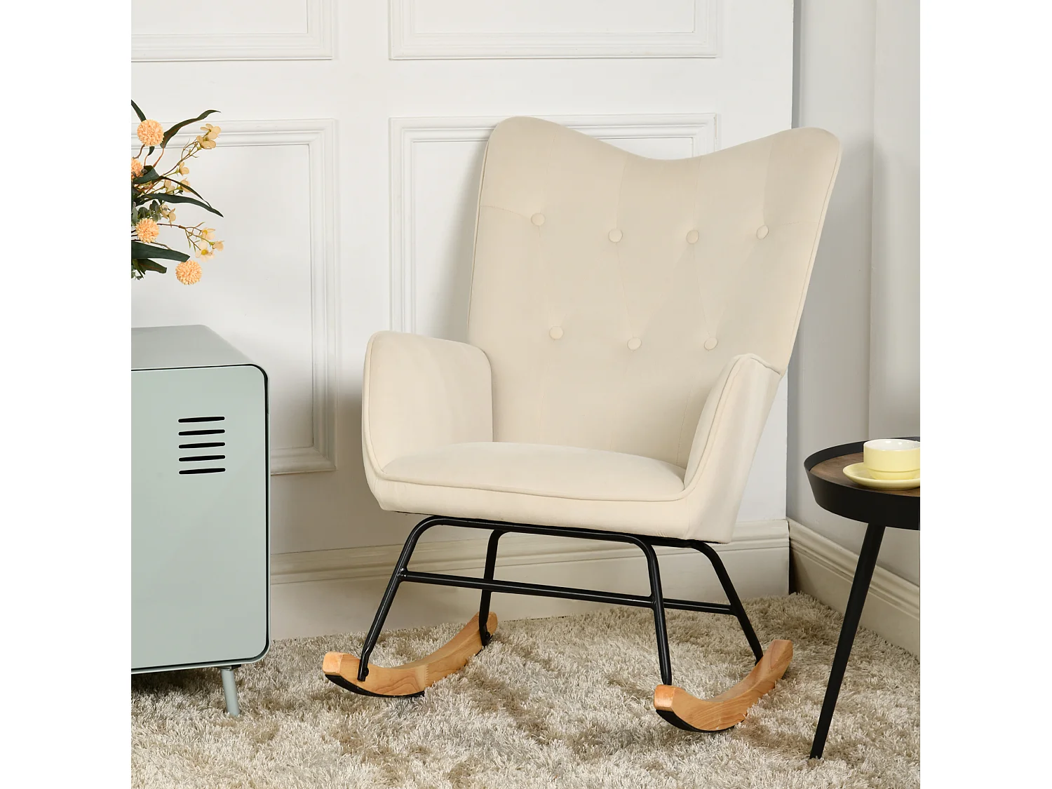 URBAN MEUBLE Fauteuil à bascule Scandinave velours beige Pieds en bois de hêtre
