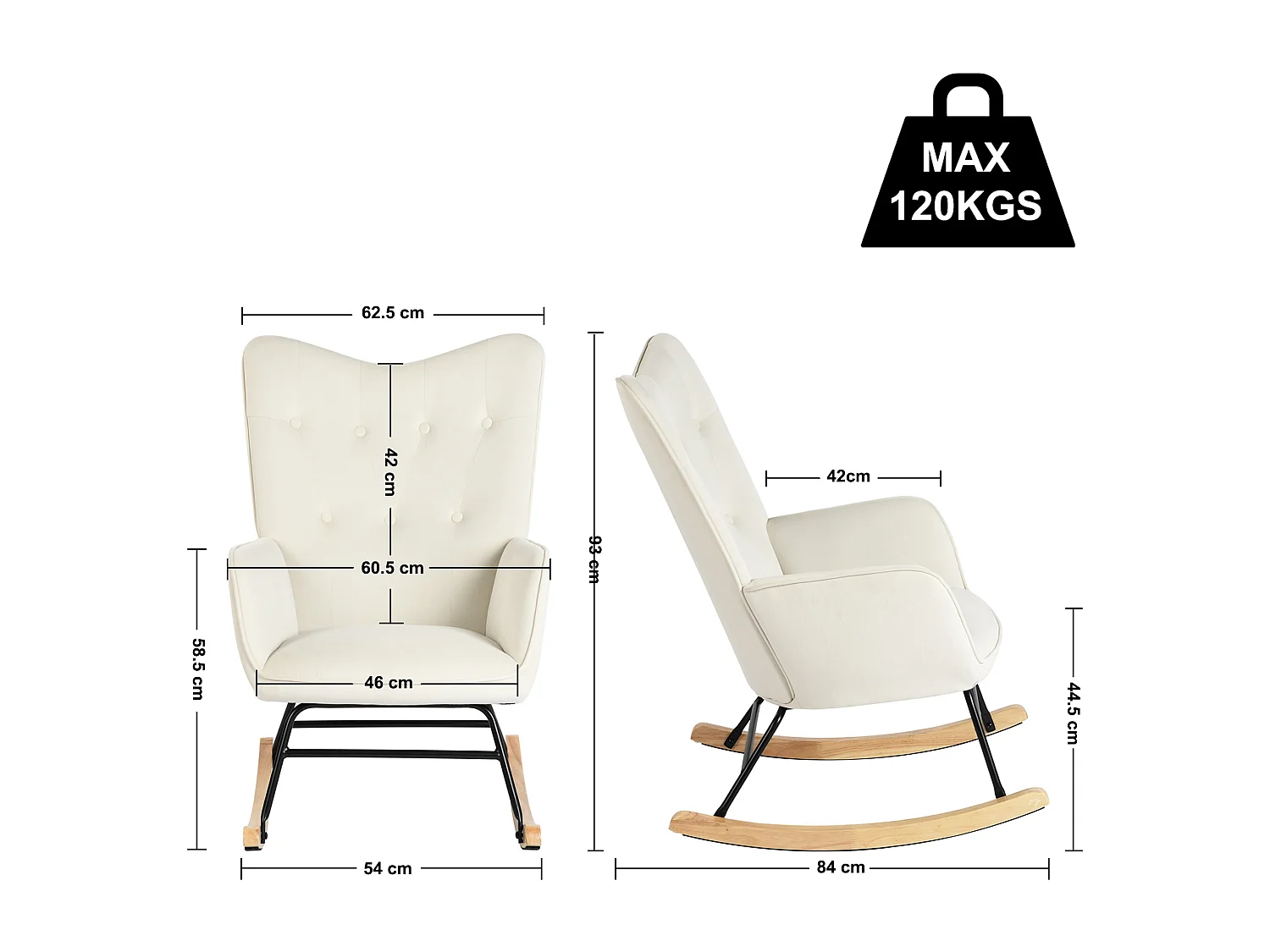 URBAN MEUBLE Fauteuil à bascule Scandinave velours beige Pieds en bois de hêtre