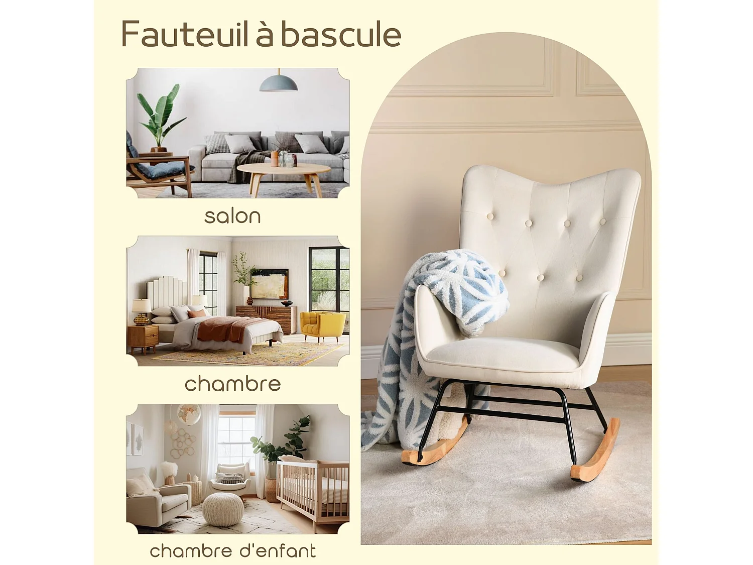 URBAN MEUBLE Fauteuil à bascule Scandinave velours beige Pieds en bois de hêtre