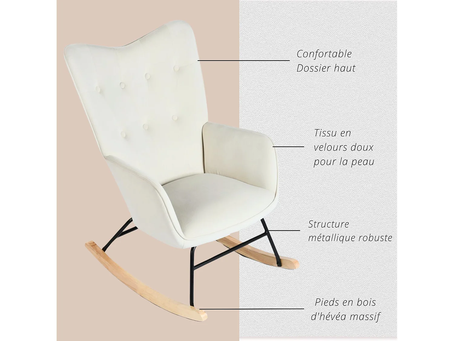 URBAN MEUBLE Fauteuil à bascule Scandinave velours beige Pieds en bois de hêtre