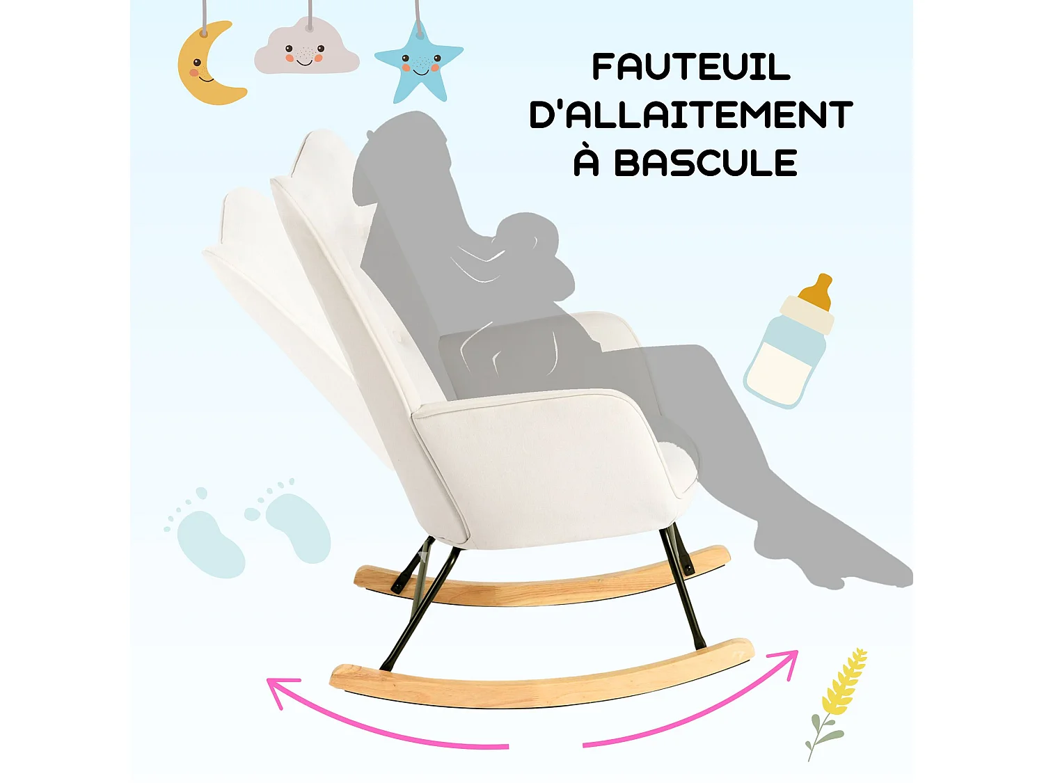 URBAN MEUBLE Fauteuil à bascule Scandinave velours beige Pieds en bois de hêtre