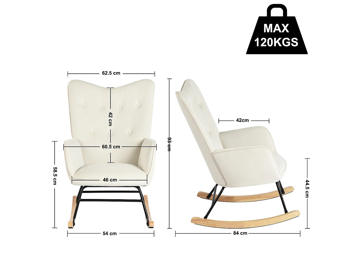 URBAN MEUBLE Fauteuil à bascule Scandinave velours beige Pieds en bois de hêtre