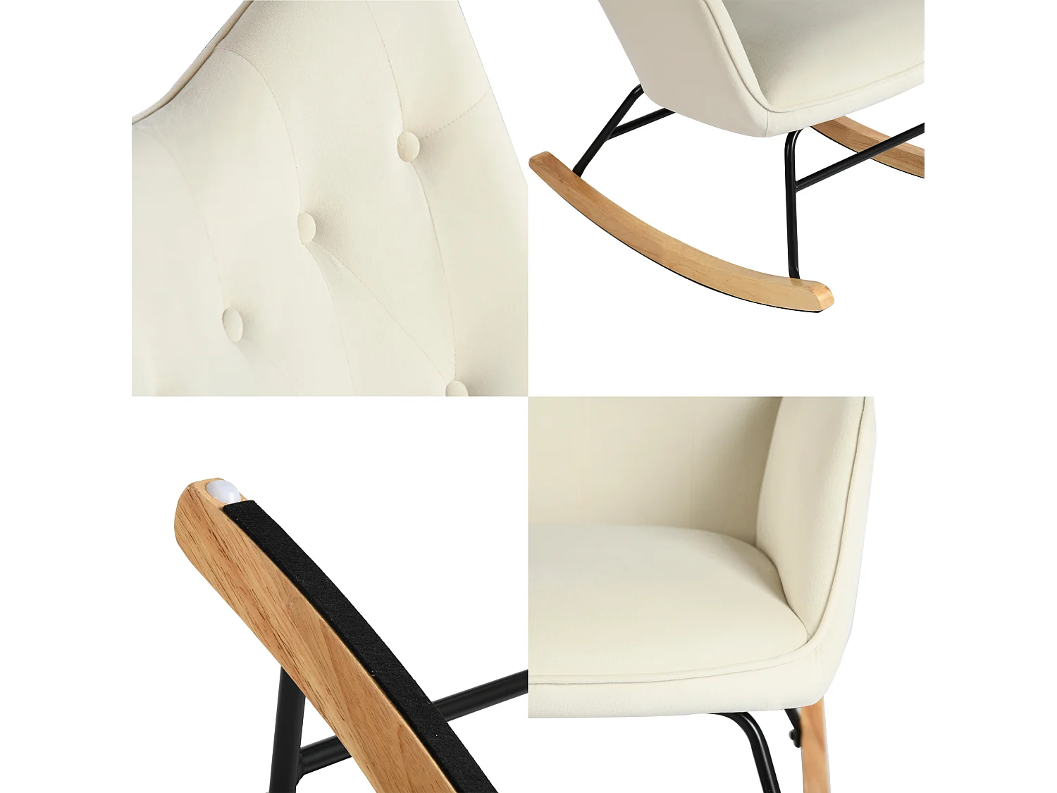 URBAN MEUBLE Fauteuil à bascule Scandinave velours beige Pieds en bois de hêtre