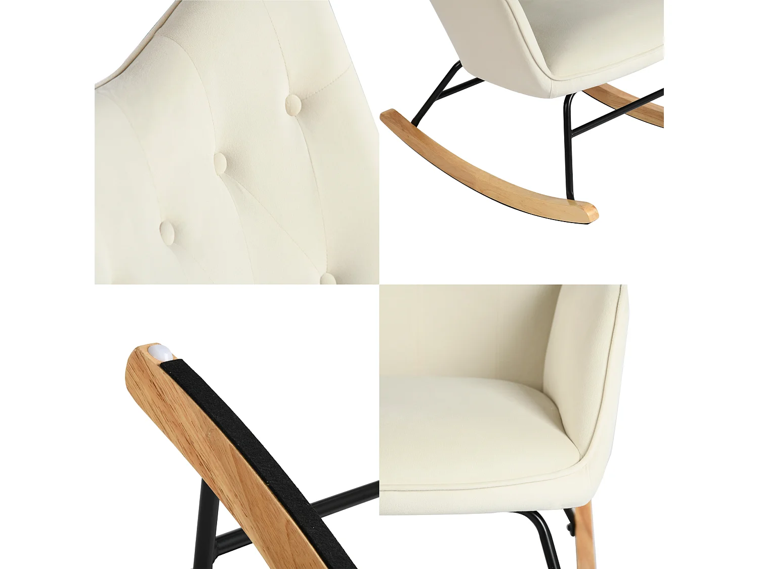 URBAN MEUBLE Fauteuil à bascule Scandinave velours beige Pieds en bois de hêtre