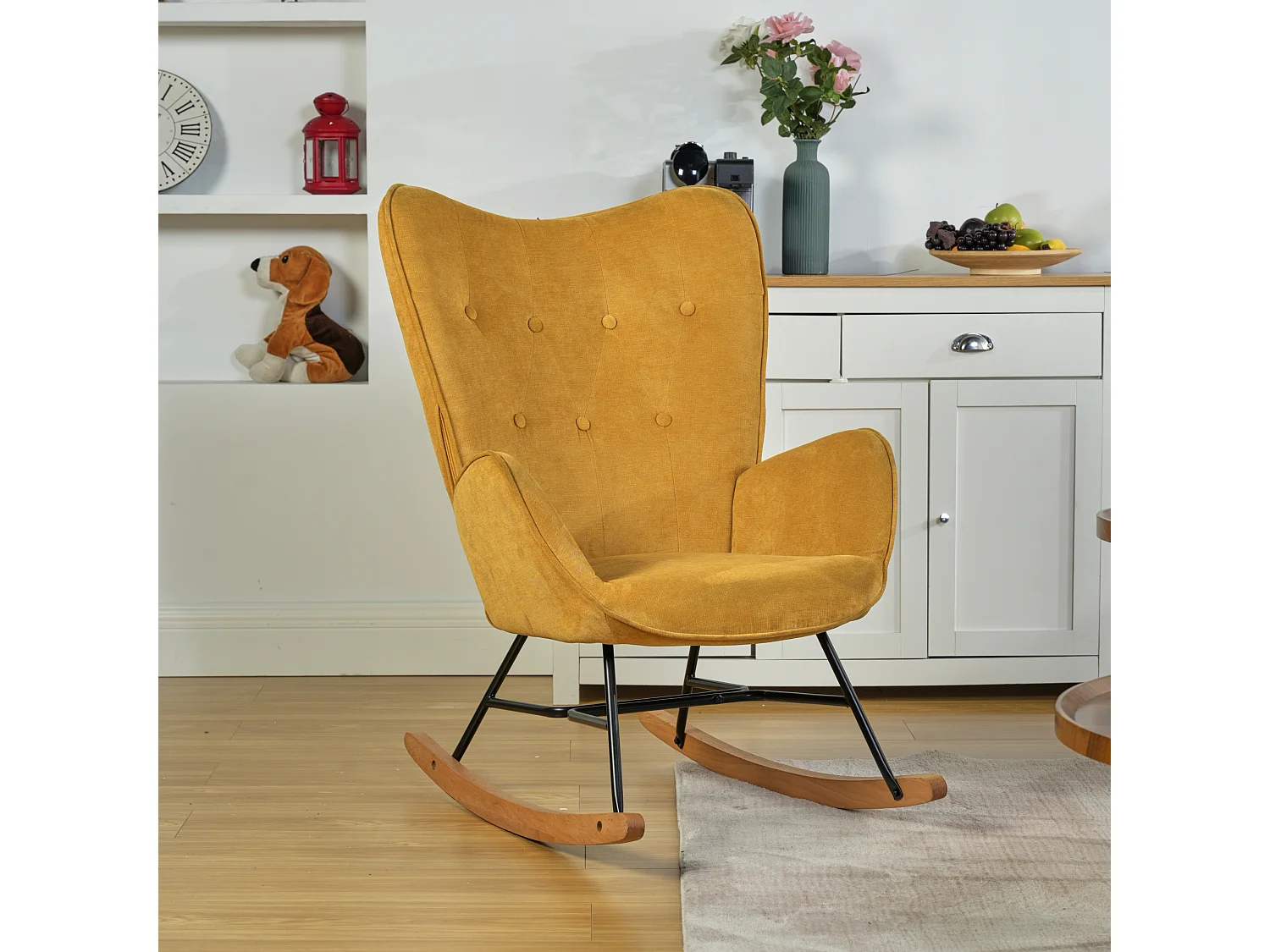 Sedia a dondolo scandinava tessuto blu Gambe in legno di faggio EPPING YELLOW