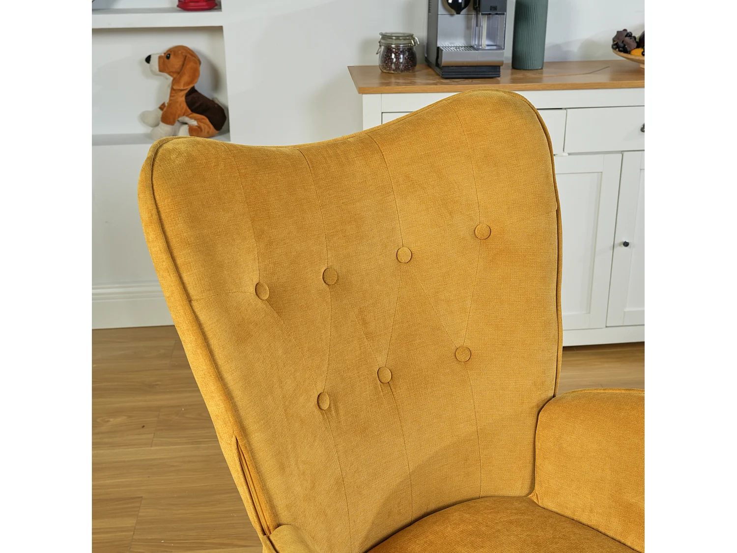 Sedia a dondolo scandinava tessuto blu Gambe in legno di faggio EPPING YELLOW