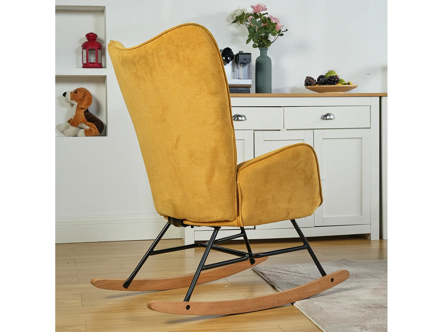 Sedia a dondolo scandinava tessuto blu Gambe in legno di faggio EPPING YELLOW