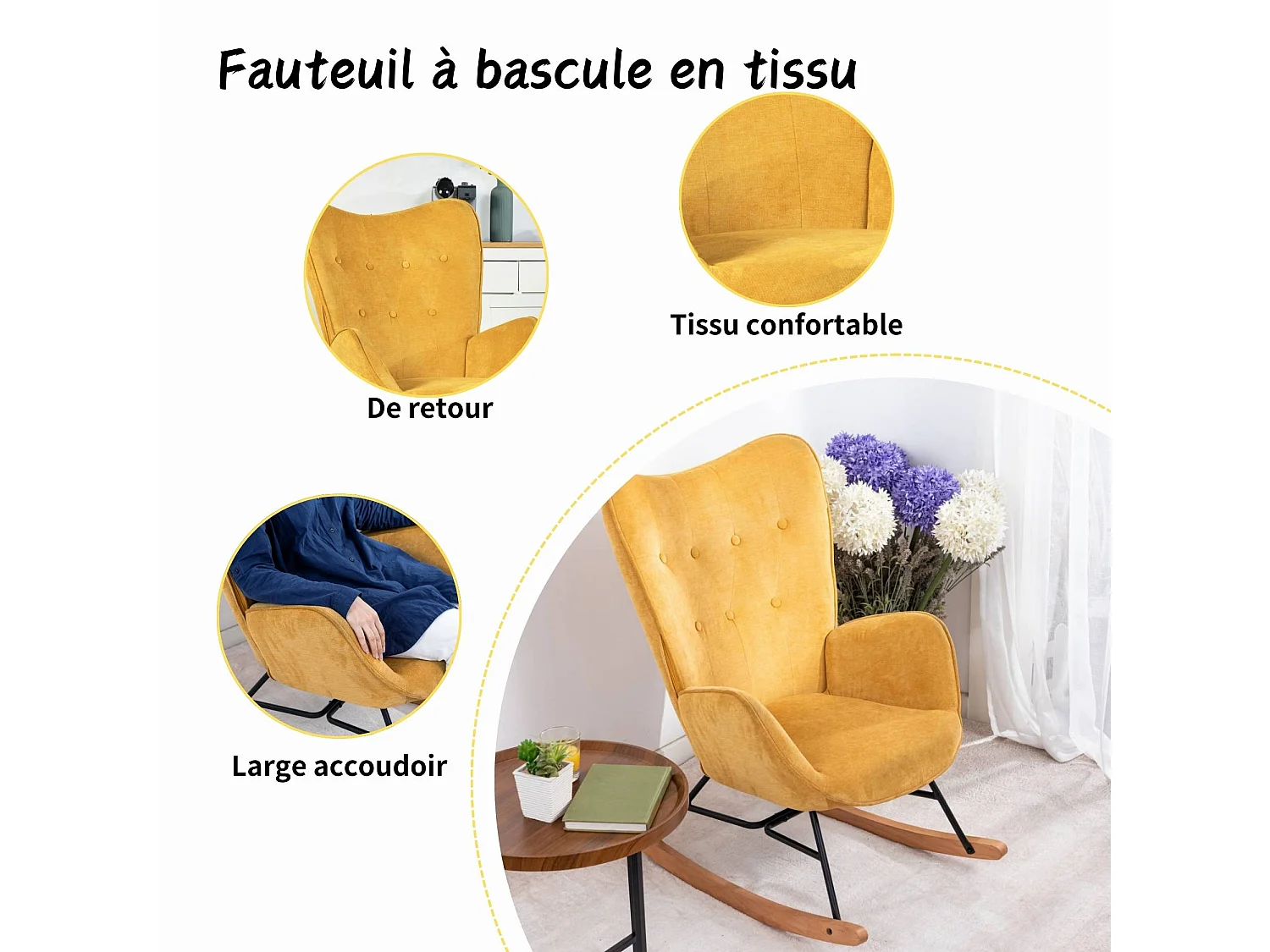 Sedia a dondolo scandinava tessuto blu Gambe in legno di faggio EPPING YELLOW