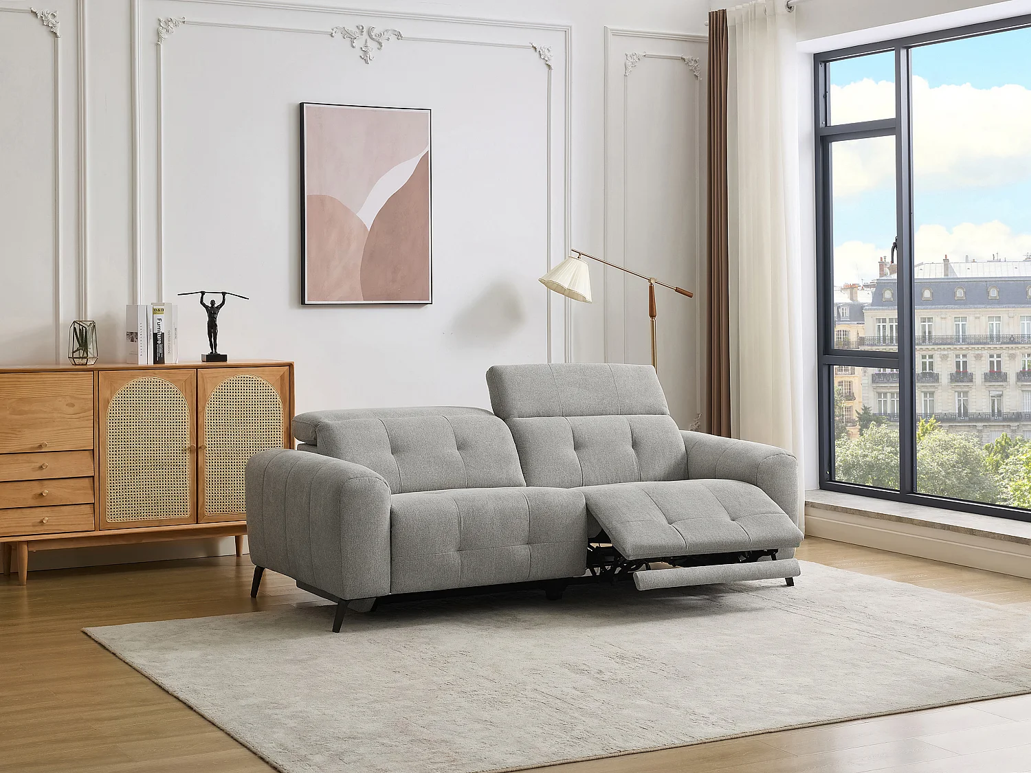 Canapé 3 places relax électrique en tissu gris CLODI