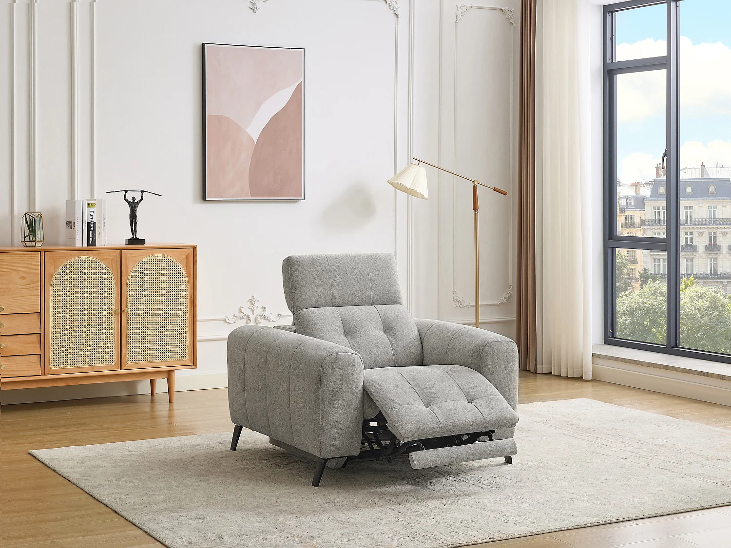 Elektrisk avslappningsfåtölj i grått tyg CLODI