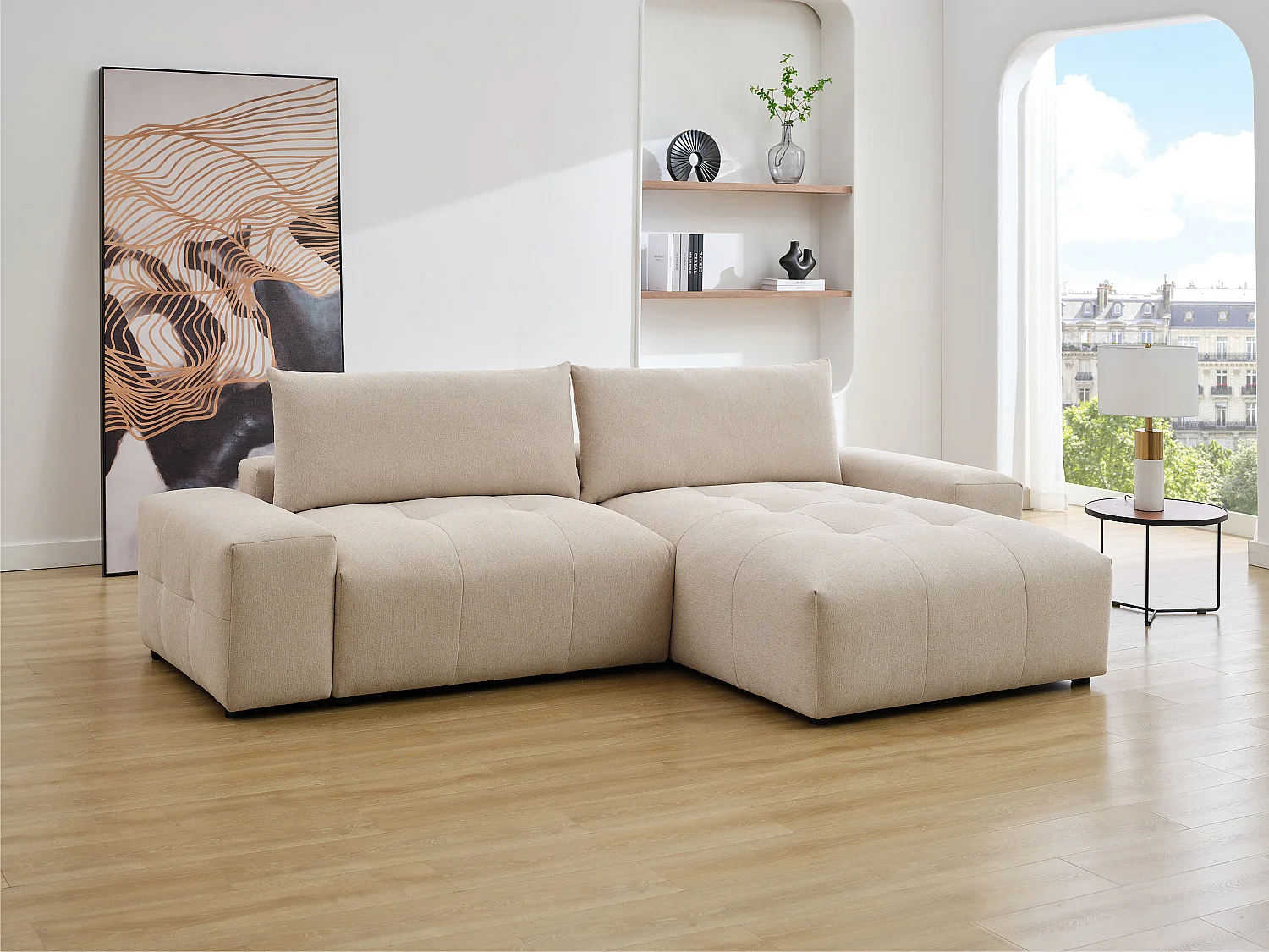 Ecksofa - Ecke wechselbar - melierter Stoff - Beige - RACONI
