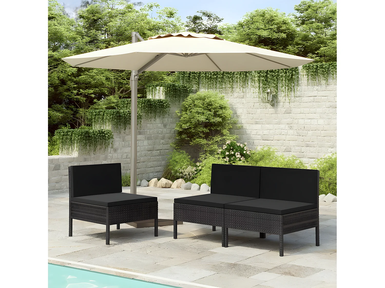 Chaises de jardin 3 pcs avec coussins Résine tressée Noir SEF61468