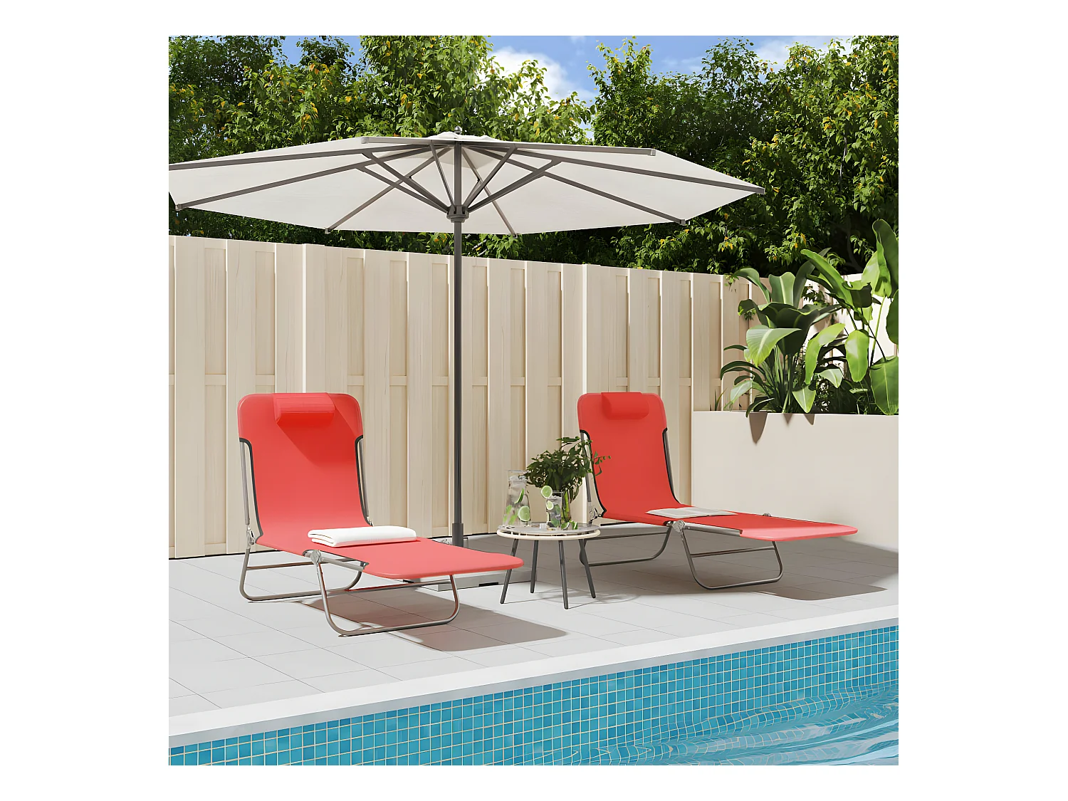 Chaises longues pliables 2 pcs rouge textilène et acier PEWV11645