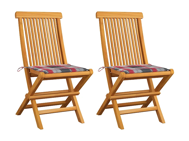 Chaises de jardin 2 pcs avec coussins à carreaux rouge Teck SEF43552