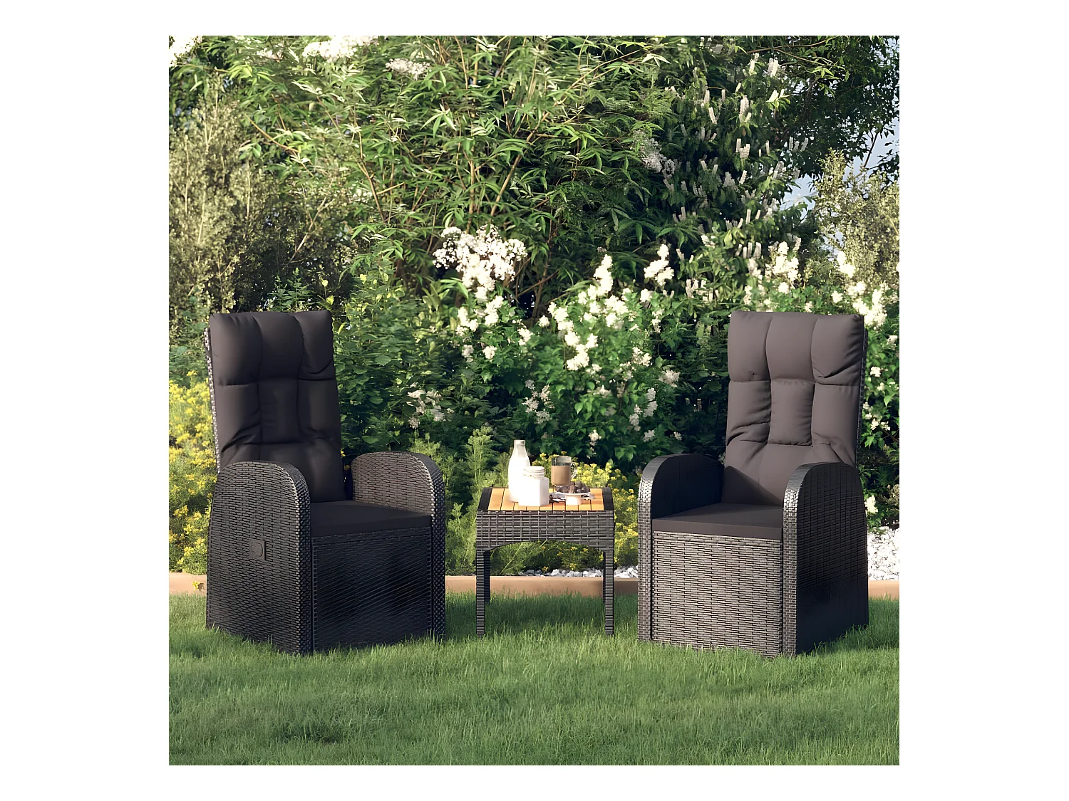 Chaise inclinable de jardin 2pc et coussins Résine tressée Noir SEF14277
