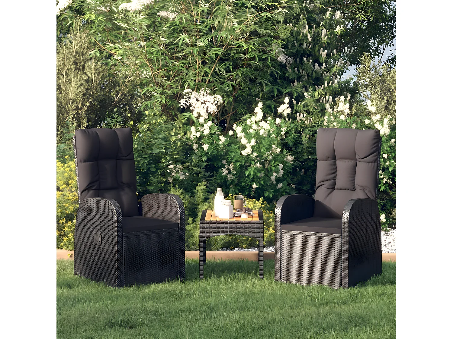 Chaise inclinable de jardin 2pc et coussins Résine tressée Noir SEF14277