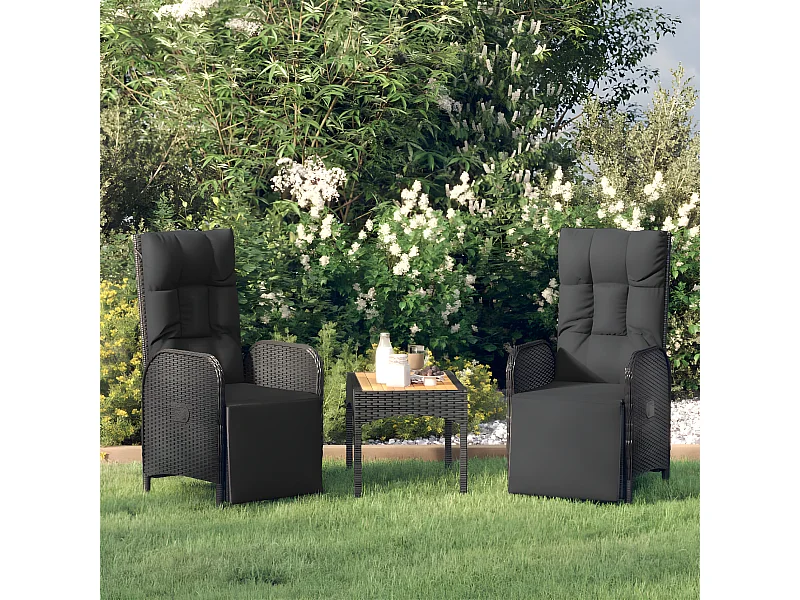 Poltronas de jardim reclináveis 2 pcs com mesa vime PE preto PT414875