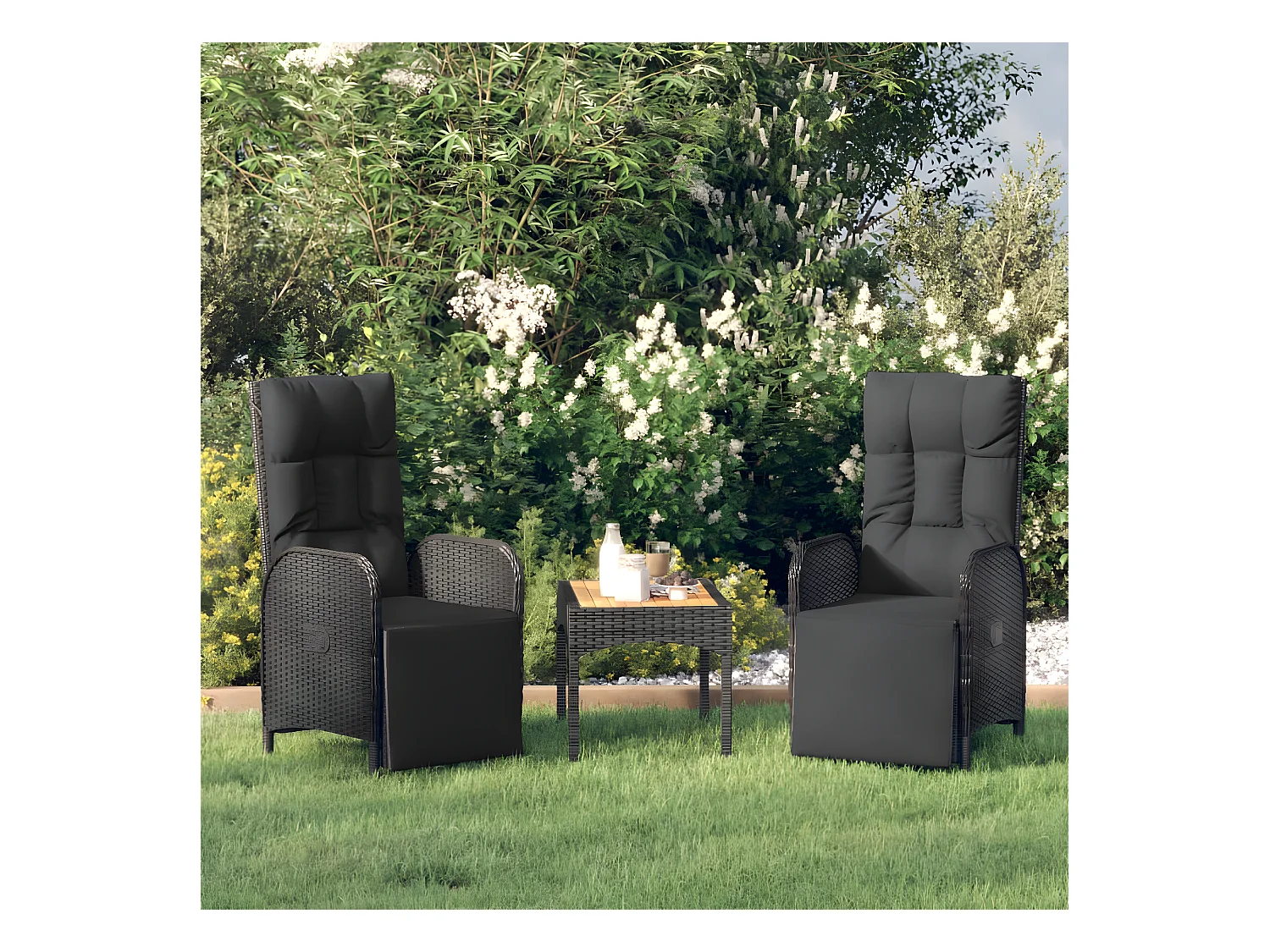 Chaises inclinables de jardin 2pcs et table noir résine tressée SEF65716