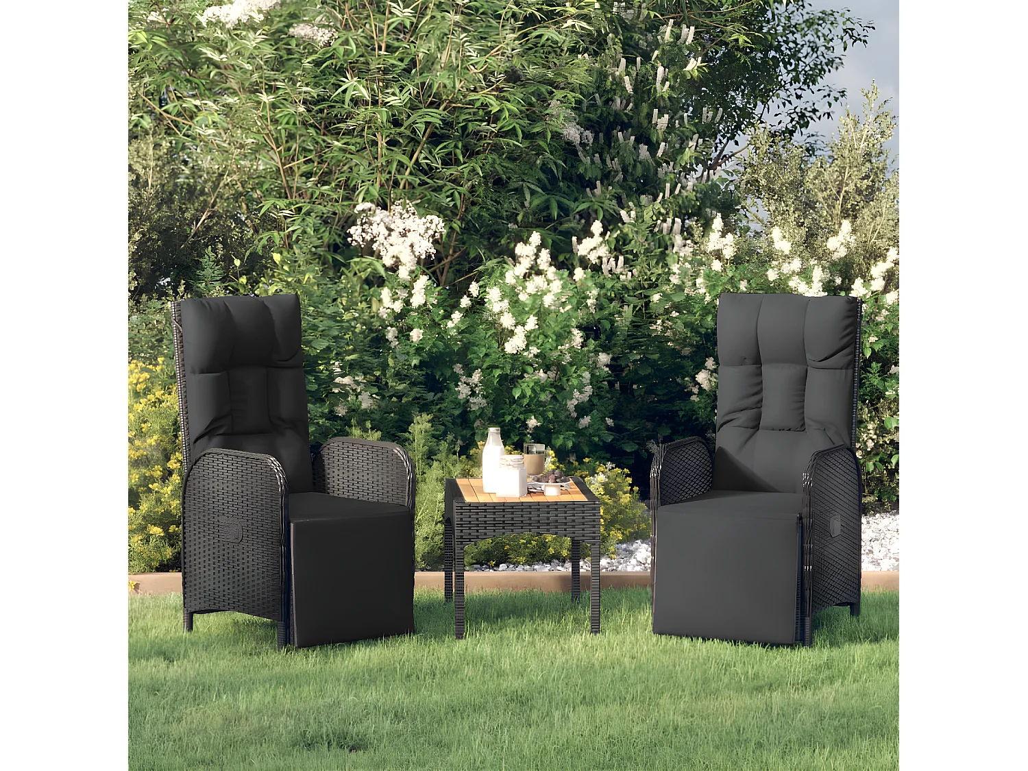Chaises inclinables de jardin 2pcs et table noir résine tressée SEF65716
