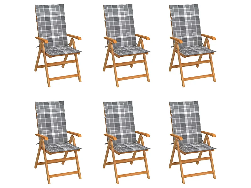 Chaises de jardin 6 pcs avec coussins à carreaux gris Teck SEF38227