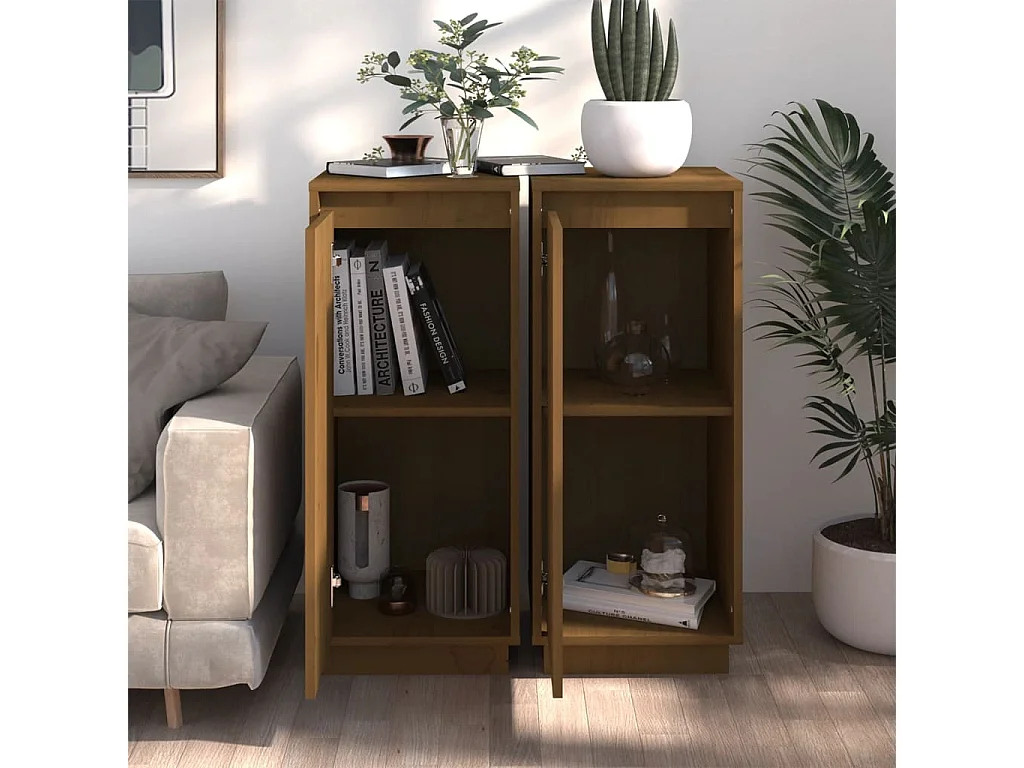 Sideboards im 2er-Set Lowboards Honigbraun 31,5x34x75 cm Massivholz Kiefer -RM19476