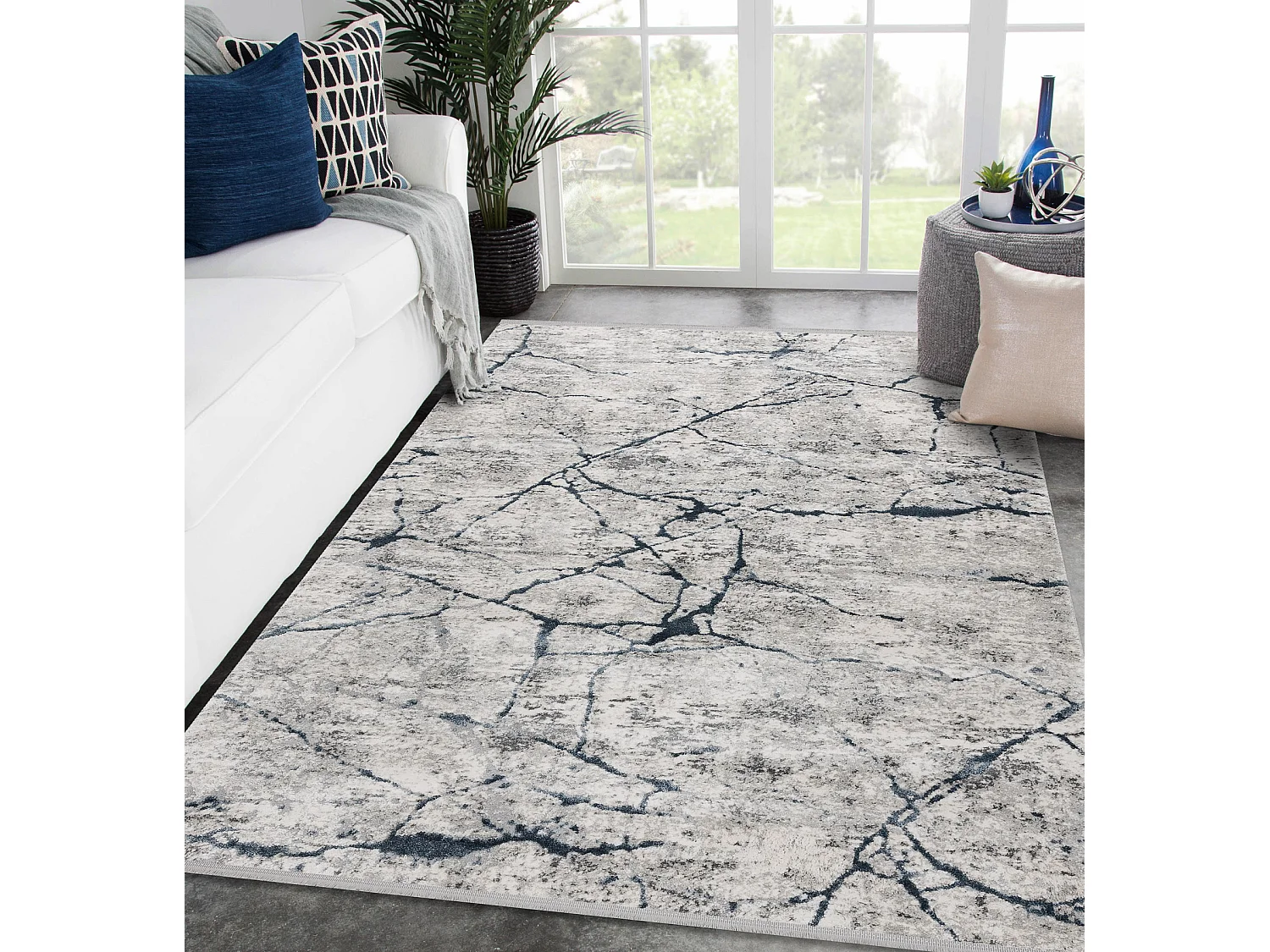 Tapis TULS structural, franges 51320 moderne, Marbre ivoire / bleu 280x370 cm