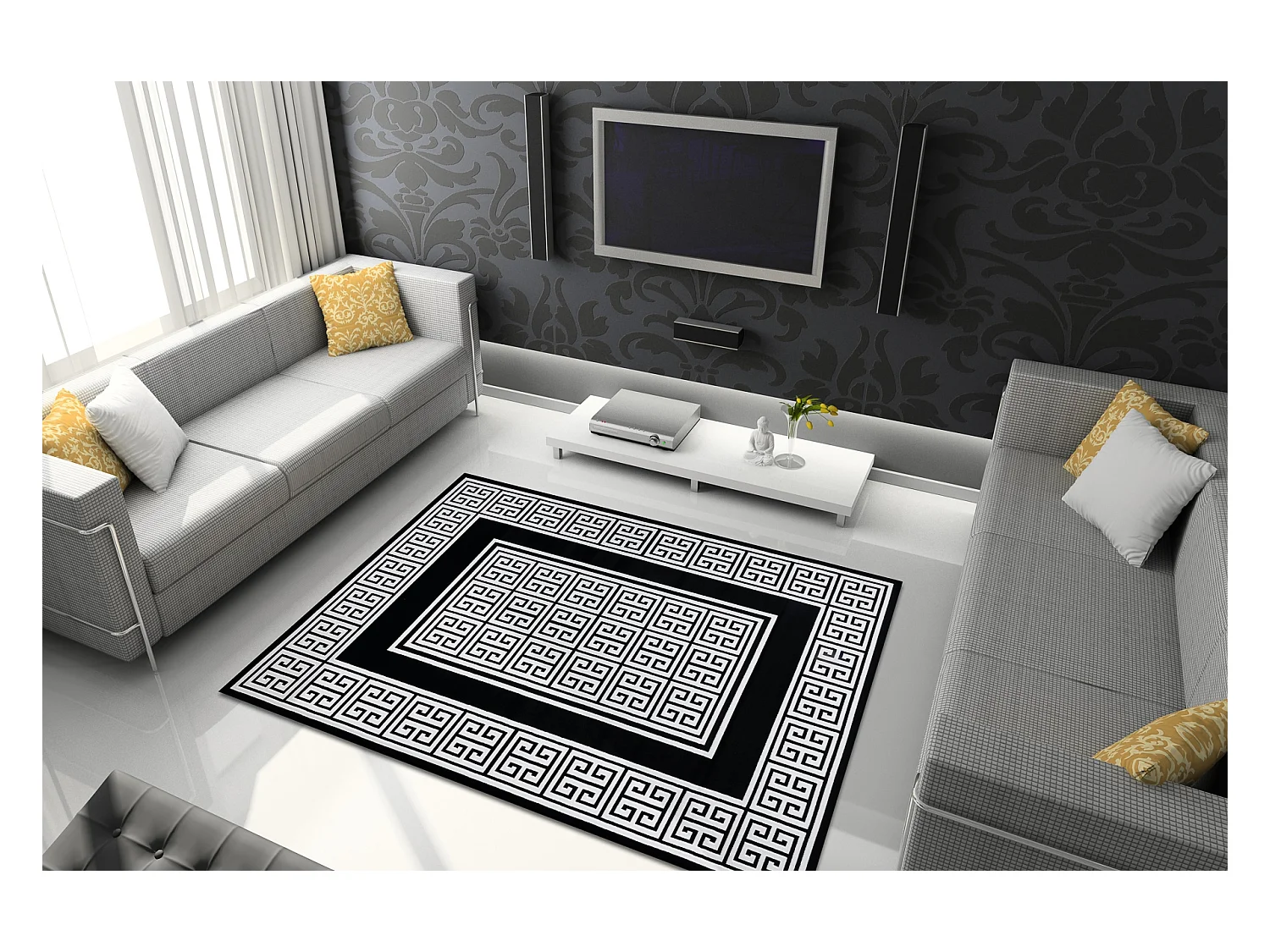 Tapijt GLOSS modern 6776 85 stijlvol, kader, Grieks sleutel zwart / iv 160x220 cm