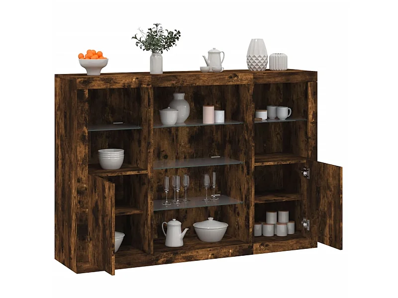 Sideboards mit LED-Leuchten im 3er-Set Anrichten Räuchereiche Holzwerkstoff -RM23270