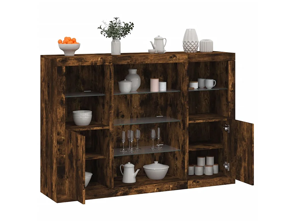 Sideboards mit LED-Leuchten im 3er-Set Anrichten Räuchereiche Holzwerkstoff -RM23270